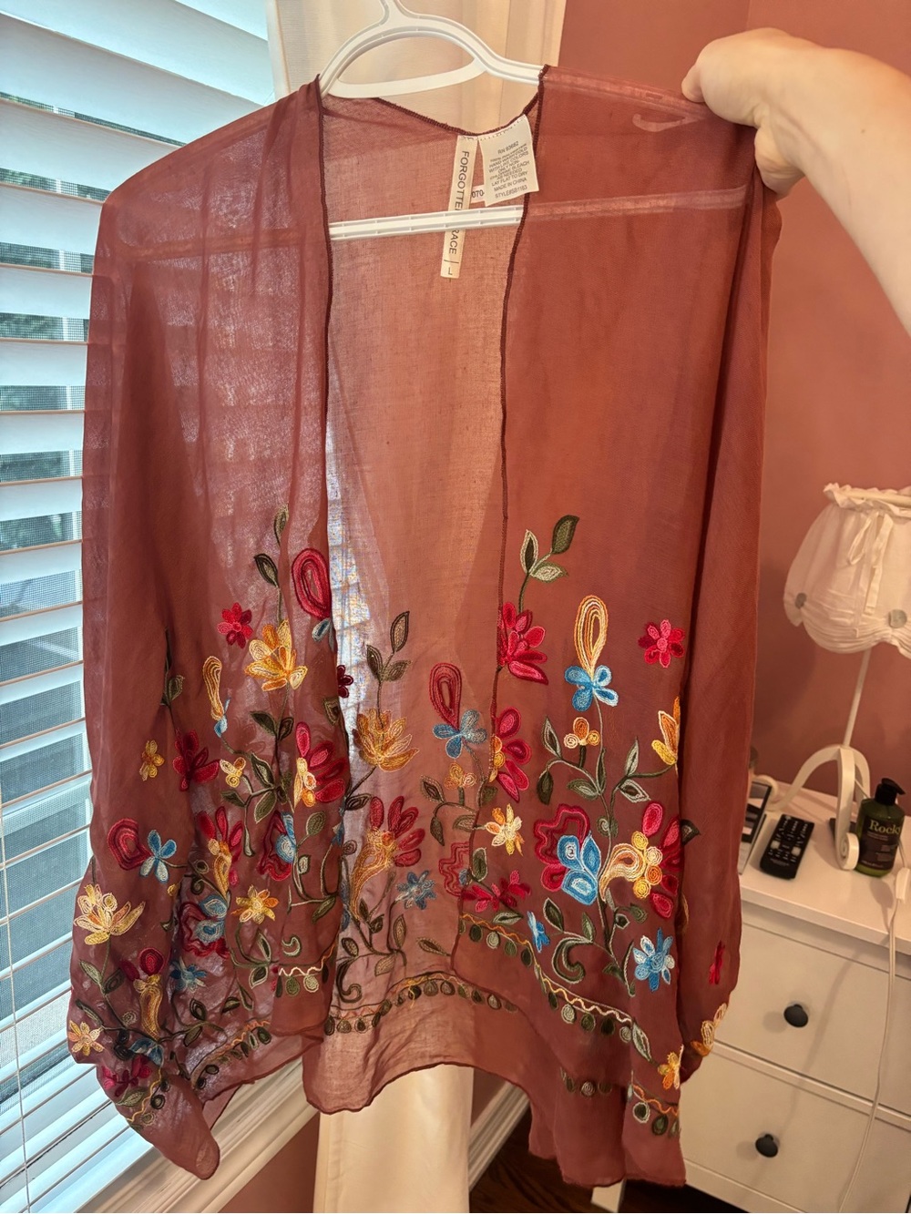 Embroidered Rust Sheer Floral Kimono Robe
